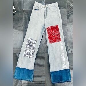 Light Wash Denim Flared Leg High Waist Patchwork Paisley Troublemaker Jeans